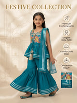Girls Green Printed Ethnic Sharara Set.