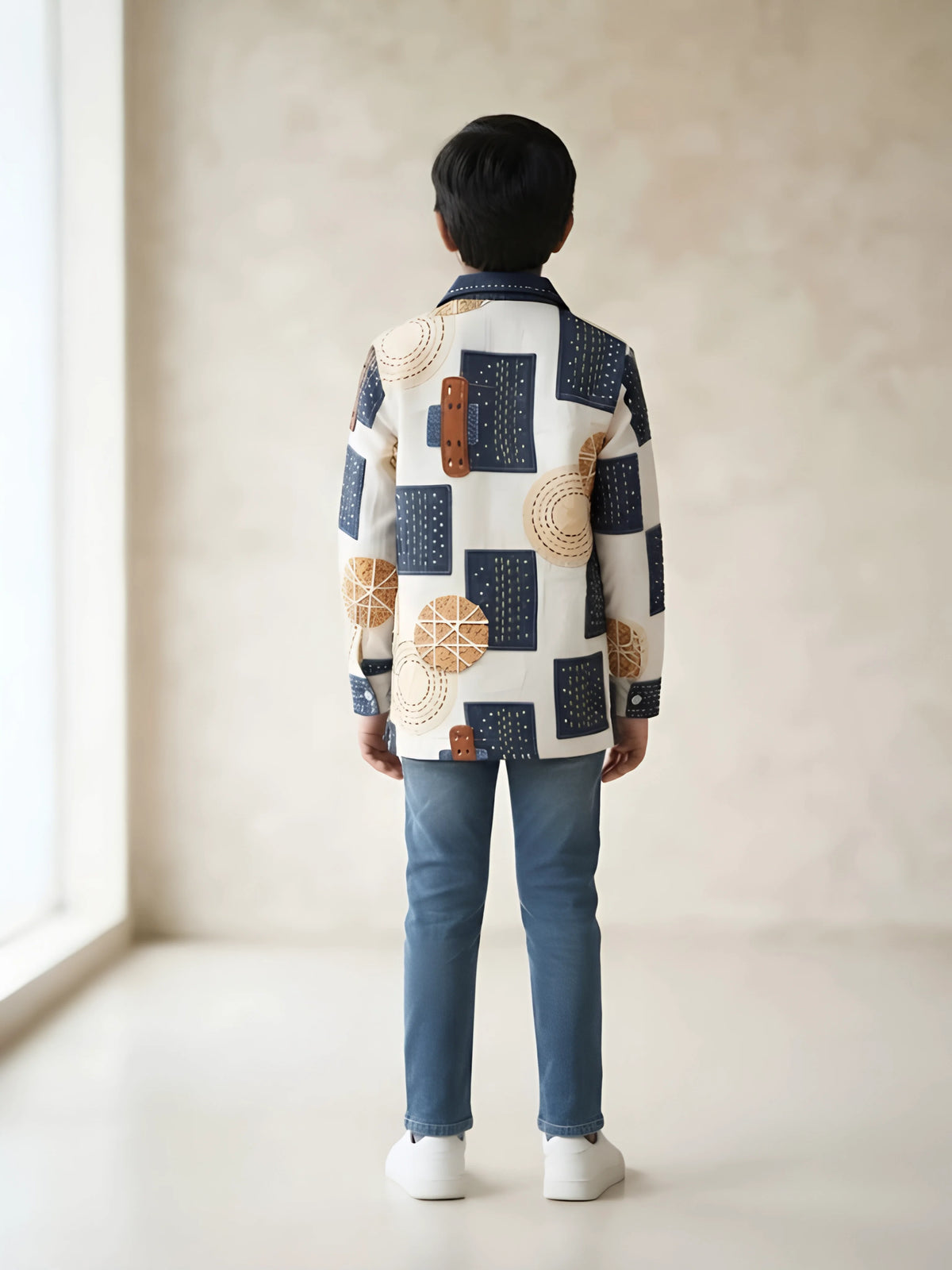 Boys Cream Printed Full Sleeve Casual Shirt and T-Shirt Set