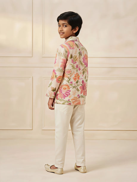 Cream Floral Printed Kurta Pajama Set for Boys