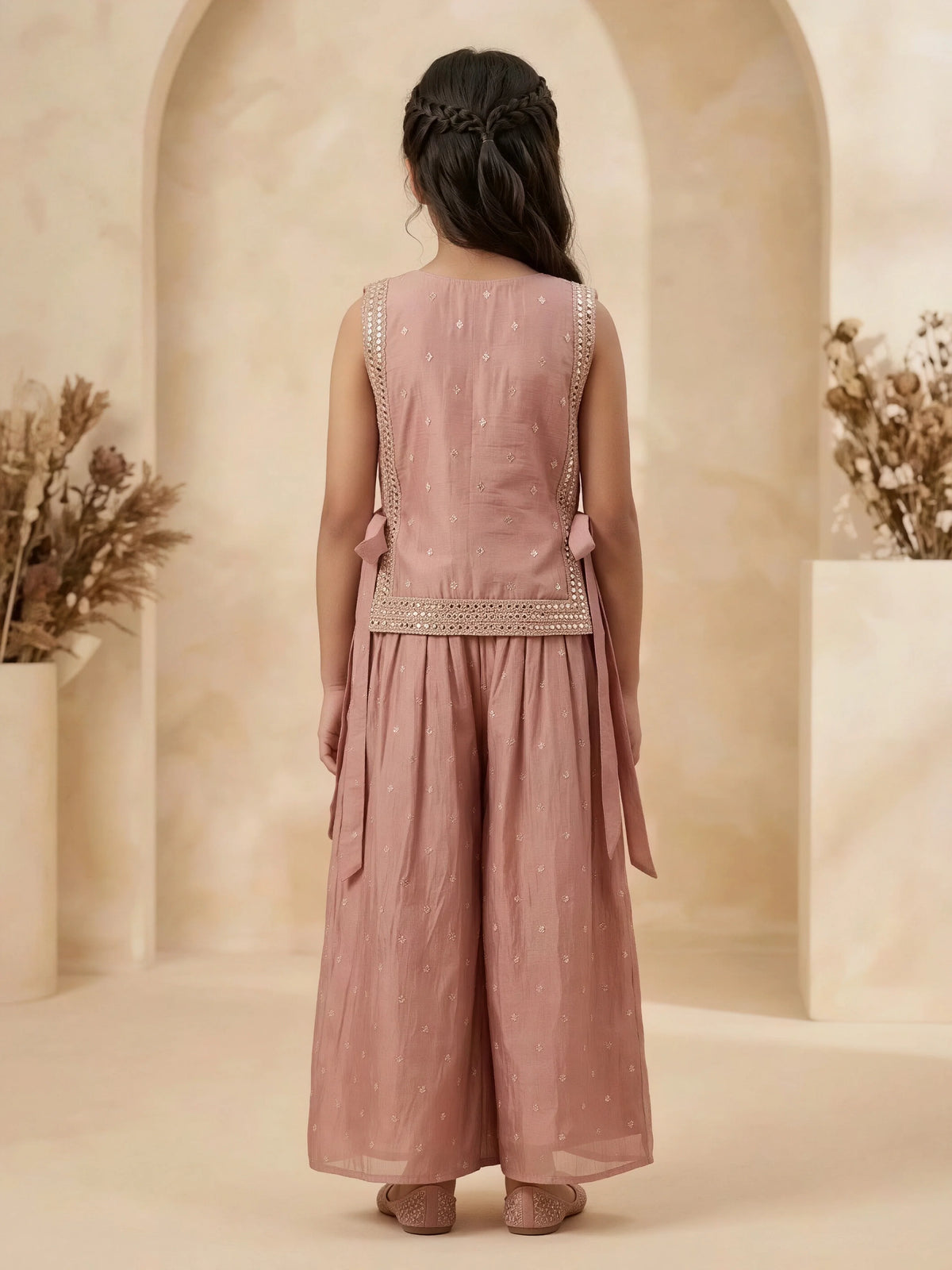 Girls Peach Embroidered Palazzo Set.