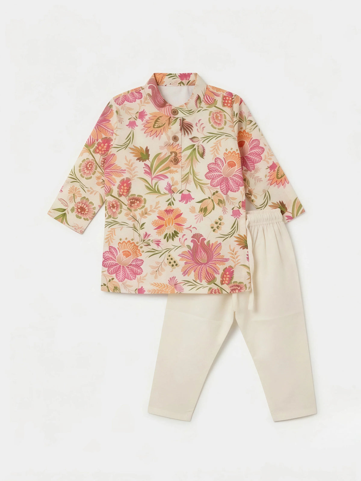 Cream Floral Printed Kurta Pajama Set for Boys