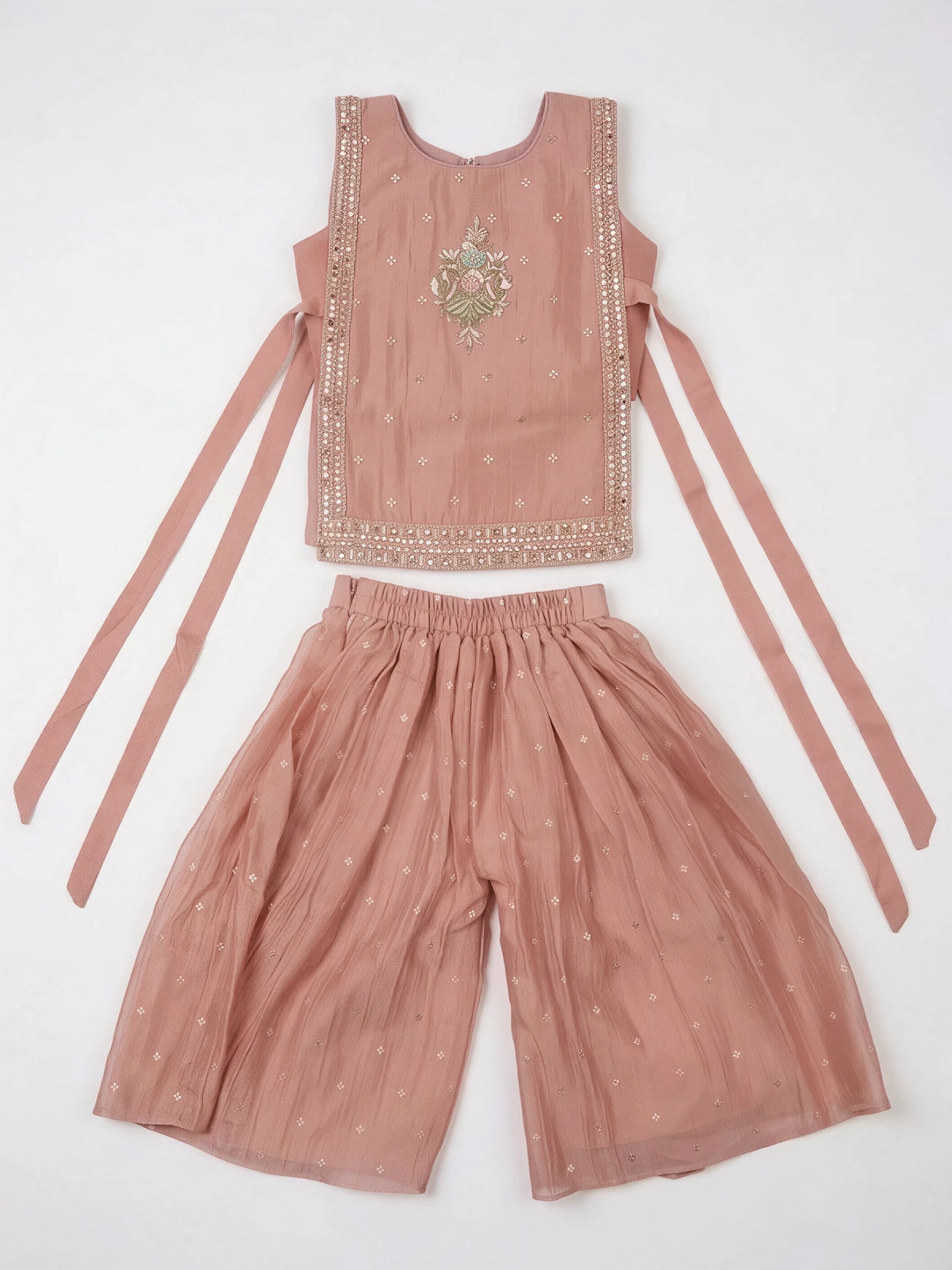 Girls Peach Embroidered Palazzo Set.