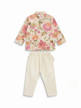 Cream Floral Printed Kurta Pajama Set for Boys
