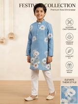 Light Blue Floral Print Kurta Pajama Set for Boys