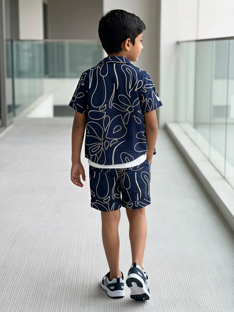 Boys Navy Blue Abstract Print Co-ord Set
