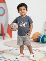 Boys Space Theme Grey Cotton T-shirt and Checkered Shorts Set
