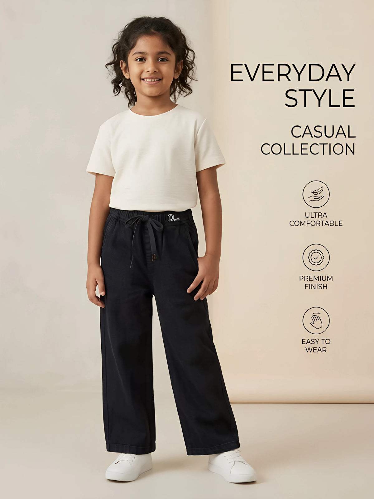 Girls Black Drawstring Wide Leg Casual Pants.