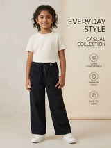 Girls Black Drawstring Wide Leg Casual Pants.