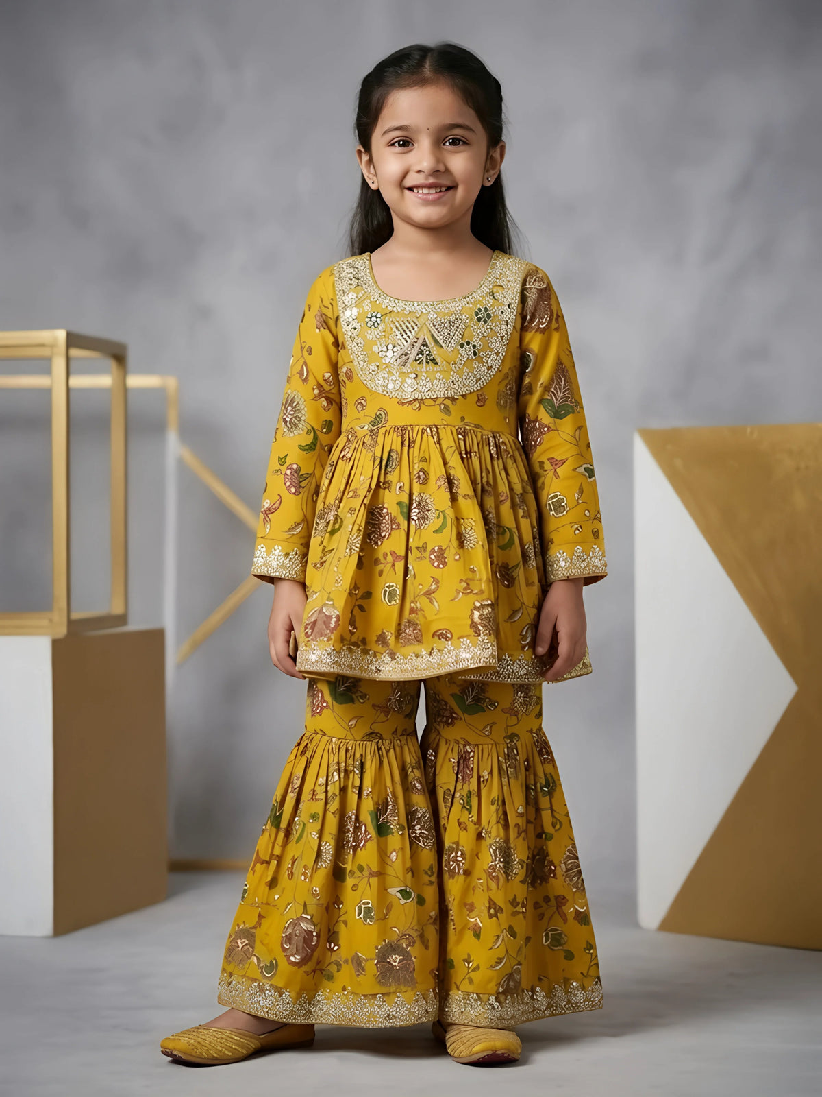Girls Olive Green Printed Sharara Set.