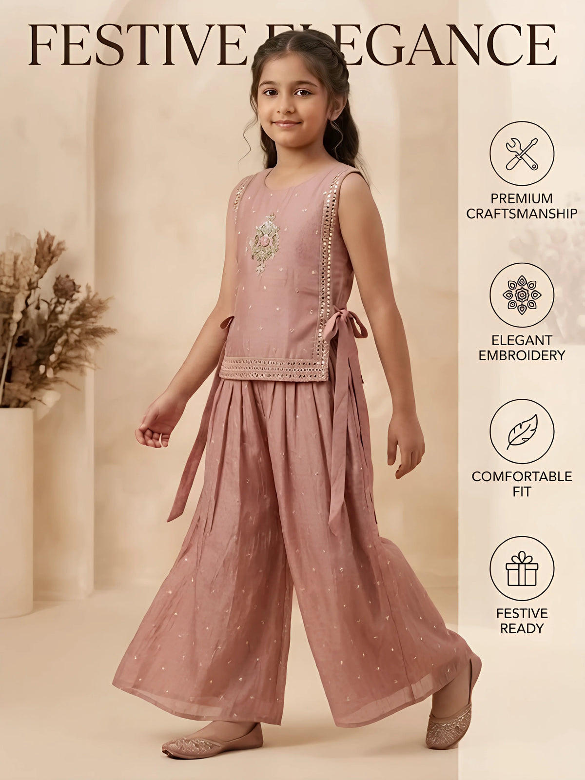 Girls Peach Embroidered Palazzo Set.