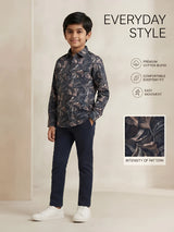 Boys Black Floral Printed Casual Full Sleeve Shirt