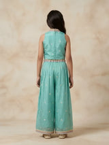 Girls Sea Green Floral Embroidered Palazzo Set.