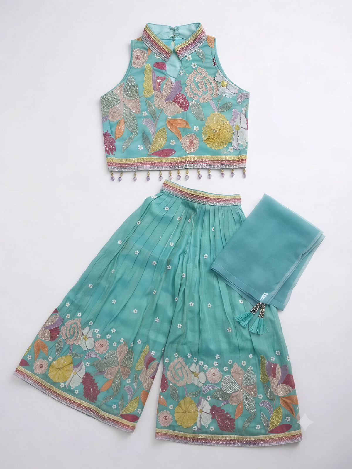 Girls Sea Green Floral Embroidered Palazzo Set.