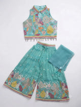 Girls Sea Green Floral Embroidered Palazzo Set.