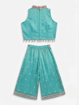 Girls Sea Green Floral Embroidered Palazzo Set.