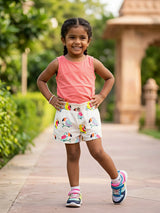 Girls Pink Toucan Print Cotton Shorts with Paperbag Waist