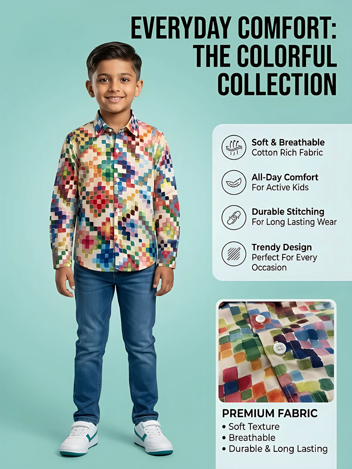 Boys Multicolor Pixel Print Casual Shirt.