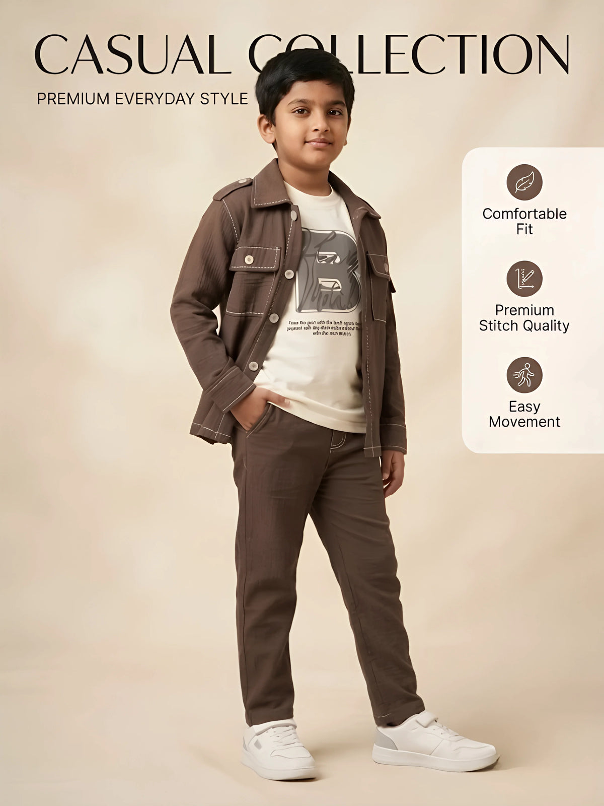 Boys Brown Full Sleeve Casual Shirt with Inner T-Shirt
