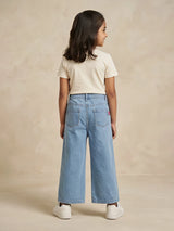 Girls Light Blue Wide-Leg Casual Pants with Patches