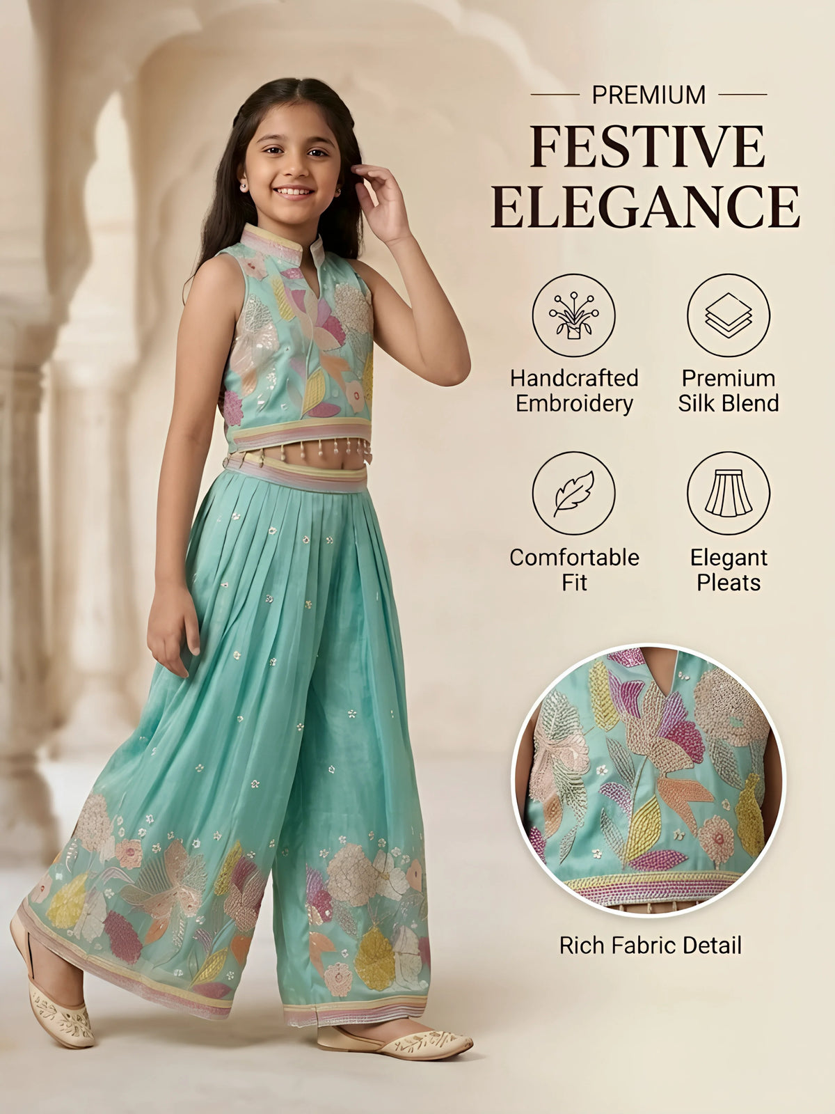 Girls Sea Green Floral Embroidered Palazzo Set.
