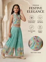 Girls Sea Green Floral Embroidered Palazzo Set.