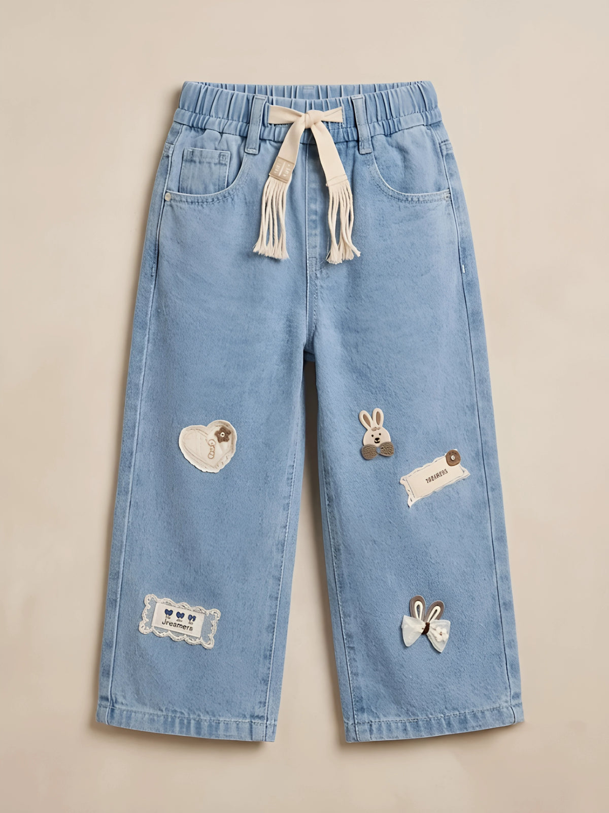 Girls Light Blue Wide-Leg Casual Pants with Patches