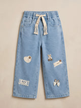 Girls Light Blue Wide-Leg Casual Pants with Patches