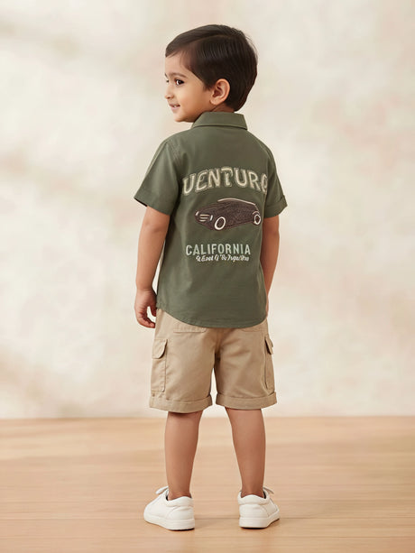Boys Green Printed Shirt with Beige Cargo Shorts Set.