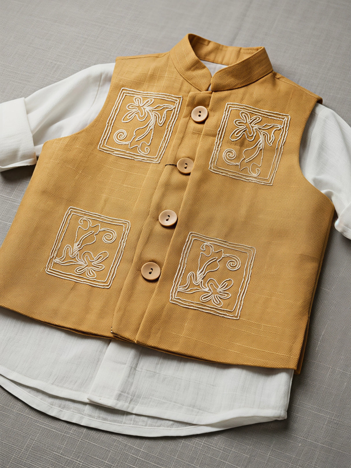 Boys Mustard Yellow Embroidered Waistcoat with Shirt and Trousers Set