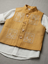 Boys Mustard Yellow Embroidered Waistcoat with Shirt and Trousers Set