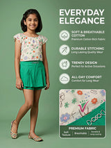 Girls Off-White Printed Top with Green Skirt Set.
