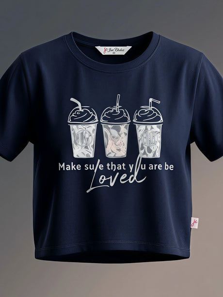 Girls Navy Blue Graphic Print Cotton Crop Top