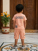 Boys Peach Cotton Blend T-Shirt and Cargo Shorts Coordinate Set