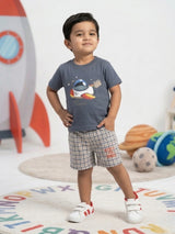 Boys Space Theme Grey Cotton T-shirt and Checkered Shorts Set