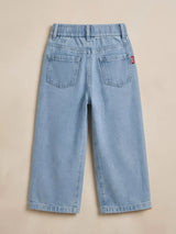 Girls Light Blue Wide-Leg Casual Pants with Patches