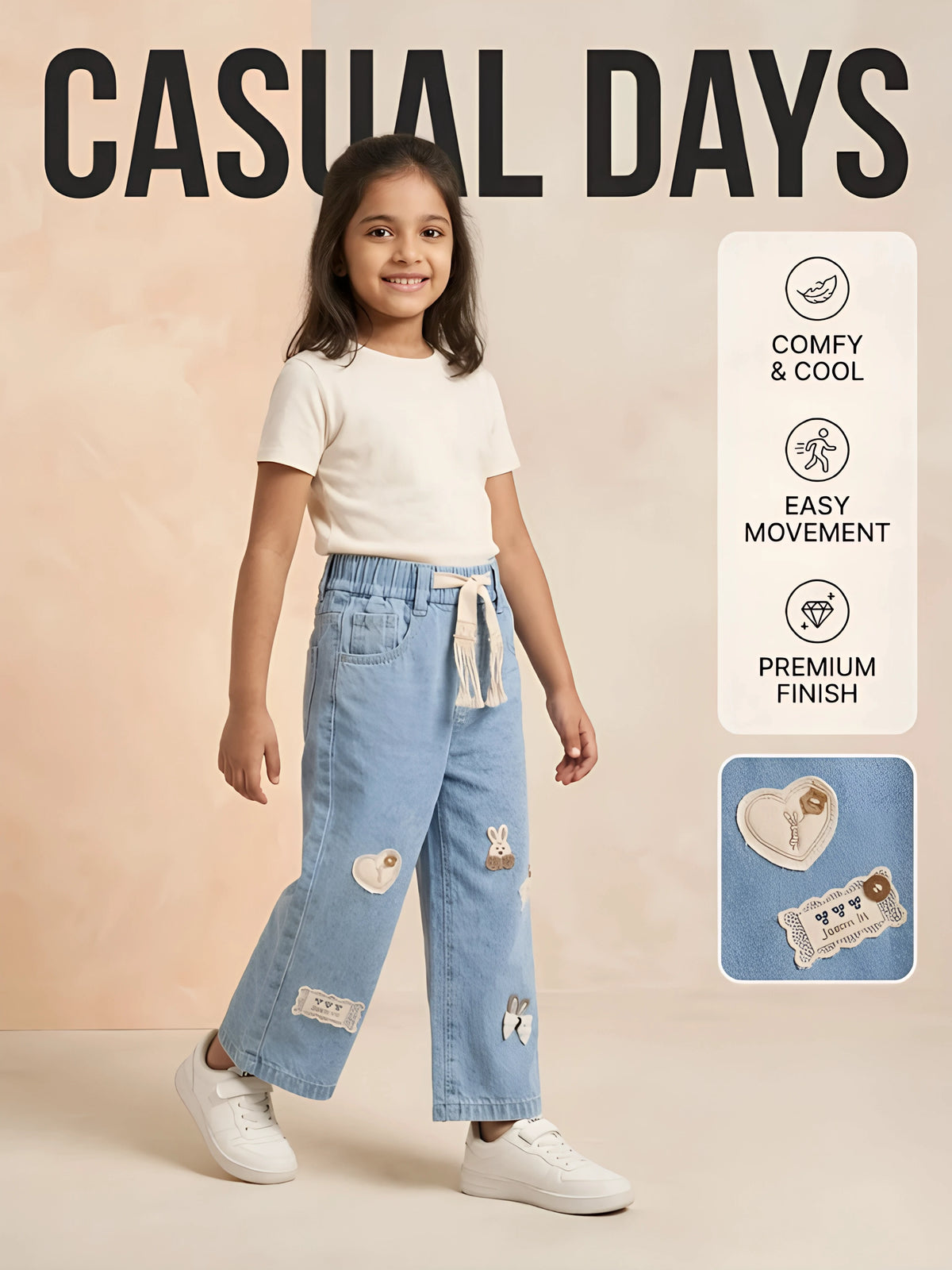 Girls Light Blue Wide-Leg Casual Pants with Patches
