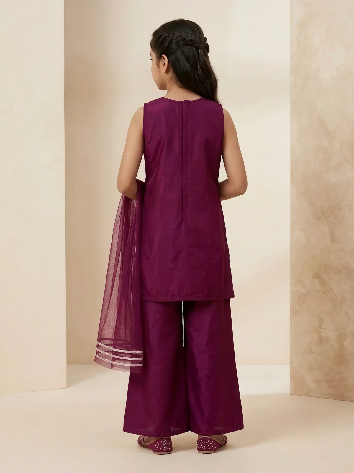 Girls Purple Embroidered Kurta Palazzo Set.