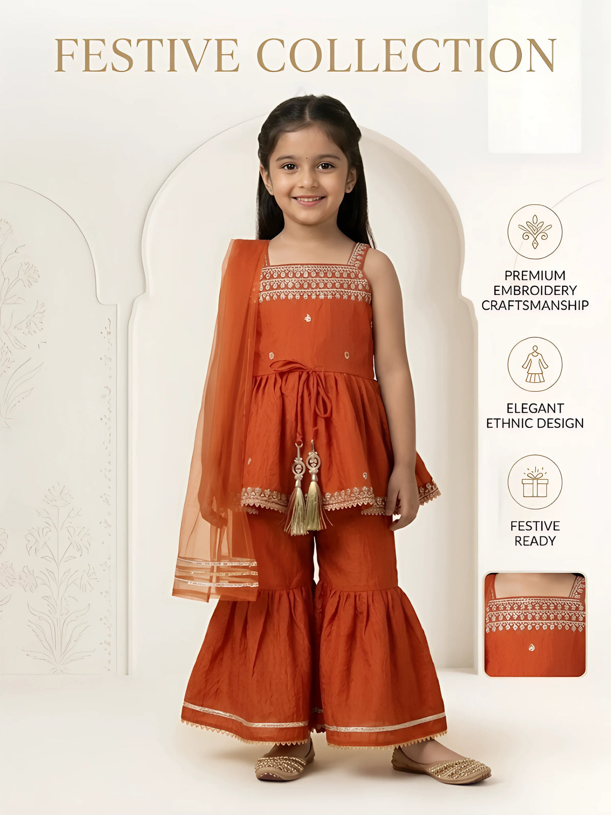 Orange Embroidered Sharara Set with Dupatta Kids Ethnic Wear