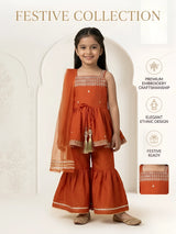 Orange Embroidered Sharara Set with Dupatta Kids Ethnic Wear