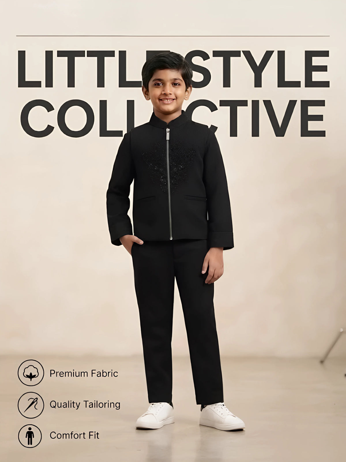 Boys Black Embellished Waistcoat Jacket Set