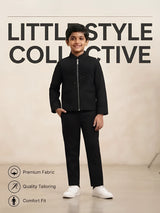 Boys Black Embellished Waistcoat Jacket Set