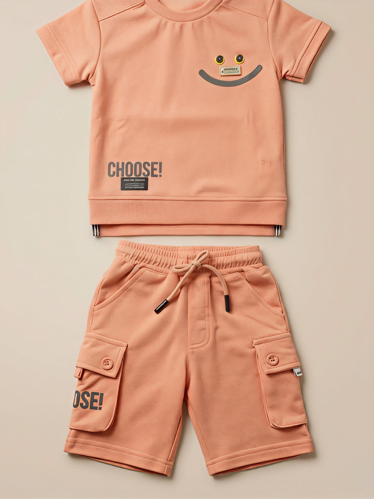 Boys Peach Cotton Blend T-Shirt and Cargo Shorts Coordinate Set