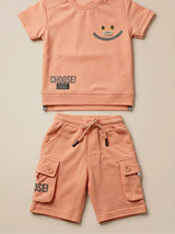 Boys Peach Cotton Blend T-Shirt and Cargo Shorts Coordinate Set