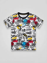 Boys Multicolor Graffiti Printed Round Neck T-Shirt