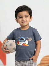 Boys Space Theme Grey Cotton T-shirt and Checkered Shorts Set