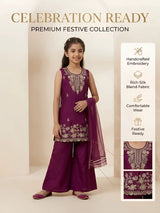 Girls Purple Embroidered Kurta Palazzo Set.