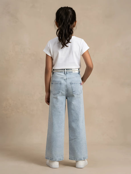 Girls Light Blue Wide Leg Belted Casual Pants.