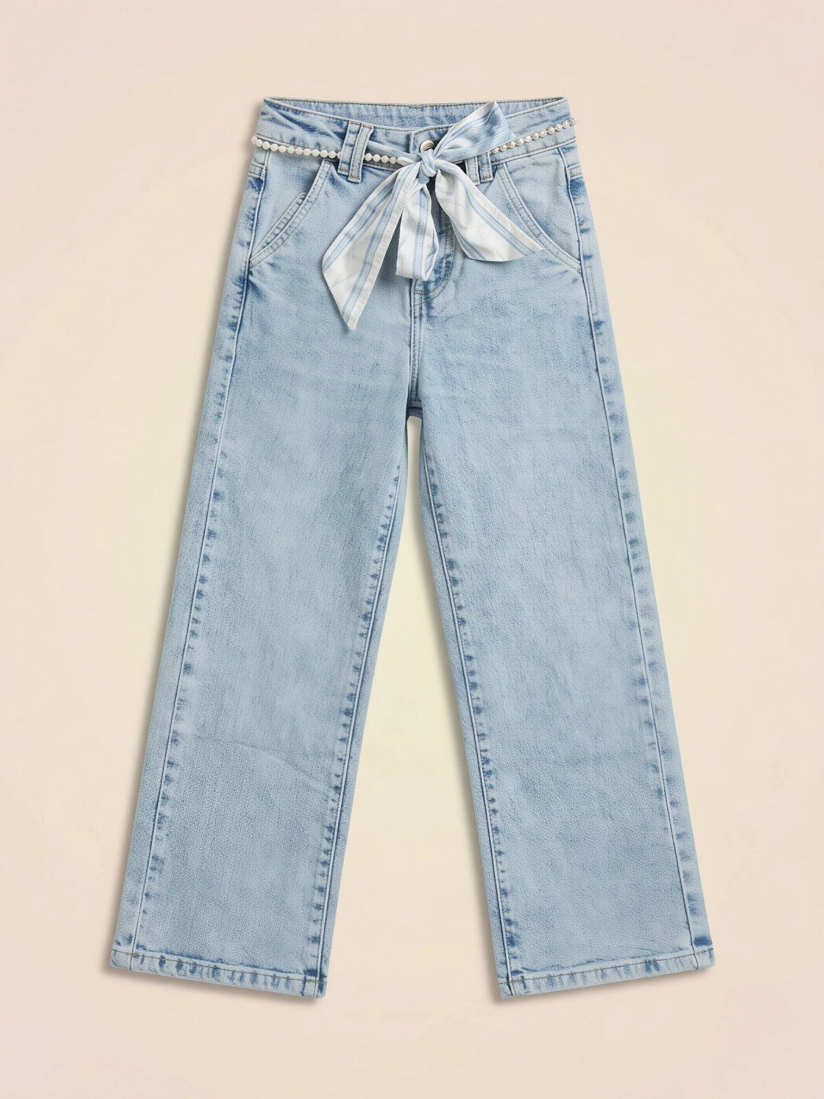 Girls Light Blue Wide Leg Belted Casual Pants.