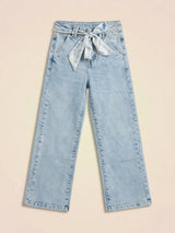 Girls Light Blue Wide Leg Belted Casual Pants.