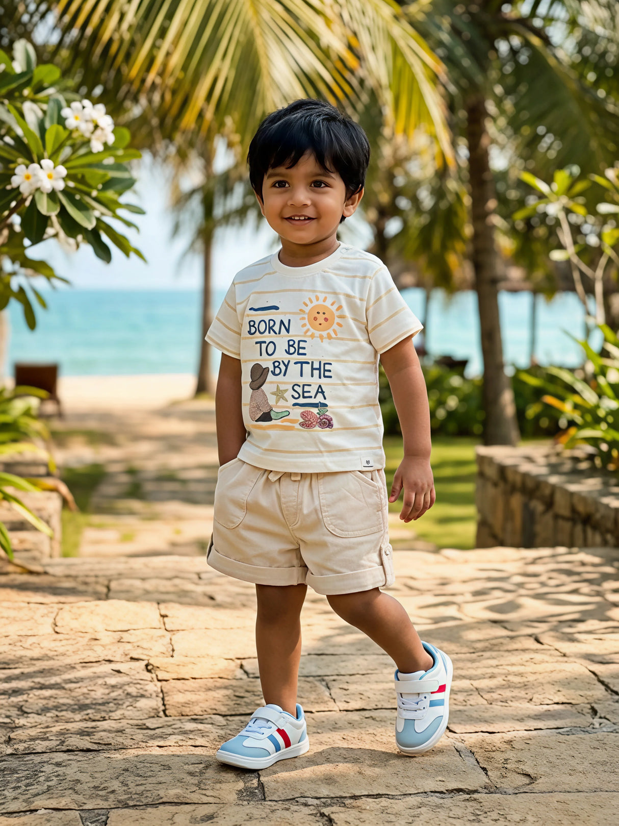 Boys Cream "Born By The Sea" T-Shirt and Shorts Coord Set